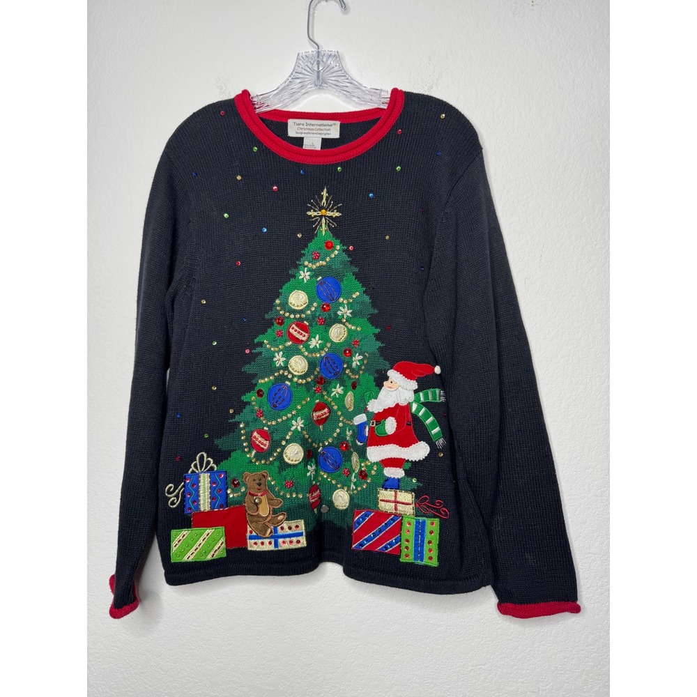 Tiara International Black Christmas Sweater Womens Large Santa Tree Teddy Bear